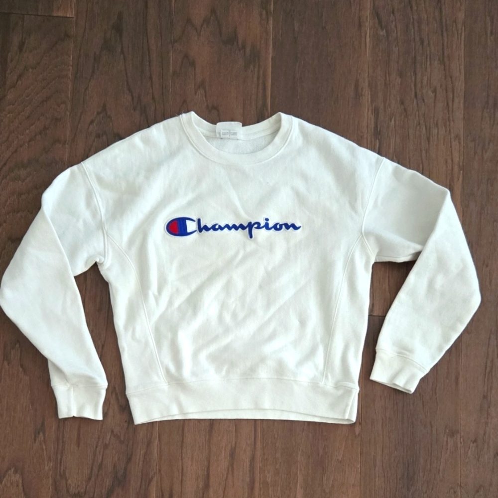 Champion White Crewneck with Blue Logo